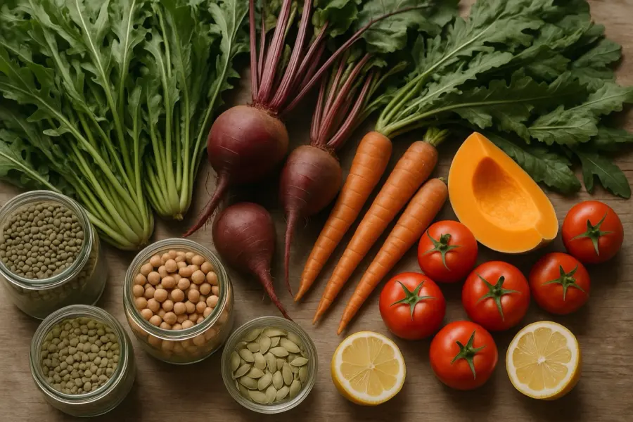 Folhas verdes, limão e vegetais frescos para o suco verde